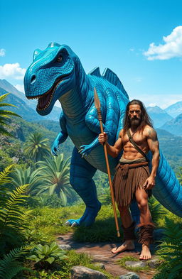 A vibrant blue dinosaur standing majestically in a prehistoric landscape, alongside a muscular primal man clad in animal skins, wielding a spear