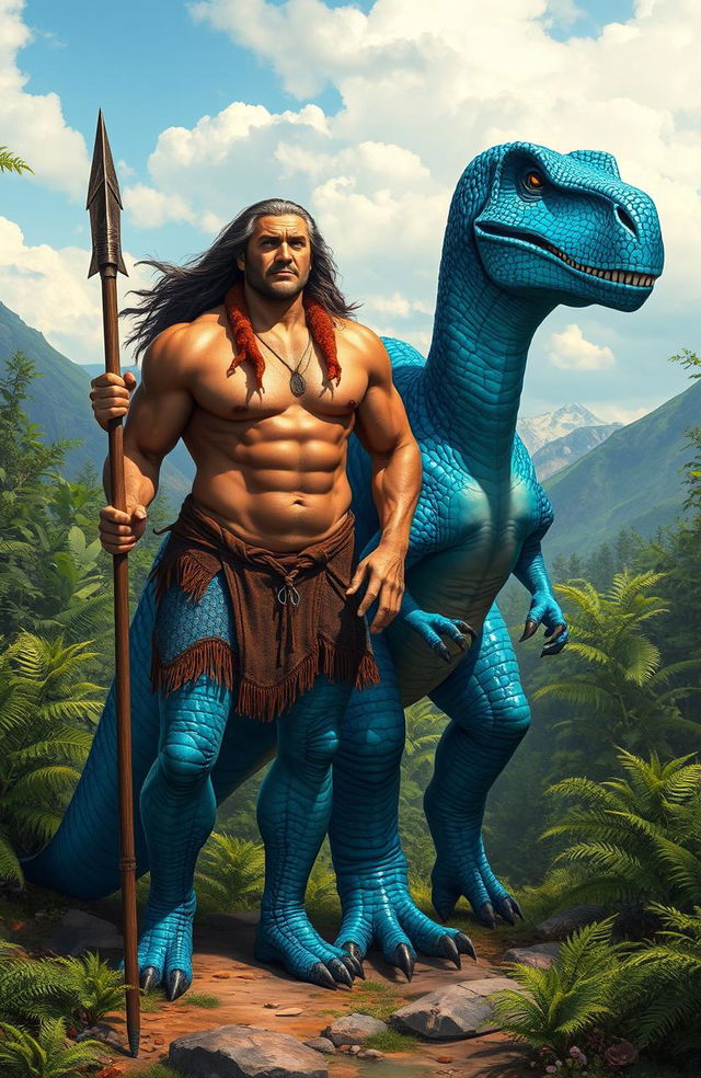 A vibrant blue dinosaur standing majestically in a prehistoric landscape, alongside a muscular primal man clad in animal skins, wielding a spear