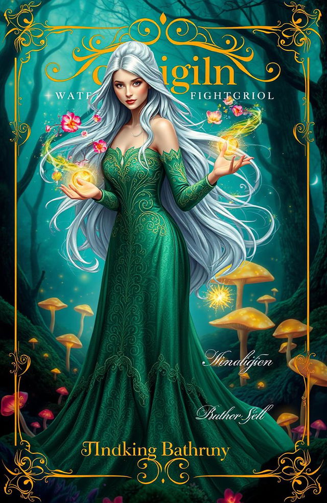 A stylish and elegant book cover design featuring a mystical enchantress with long flowing silver hair, dressed in a shimmering emerald green gown adorned with intricate golden patterns