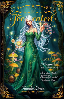 A stylish and elegant book cover design featuring a mystical enchantress with long flowing silver hair, dressed in a shimmering emerald green gown adorned with intricate golden patterns