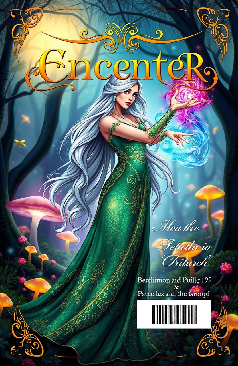 A stylish and elegant book cover design featuring a mystical enchantress with long flowing silver hair, dressed in a shimmering emerald green gown adorned with intricate golden patterns