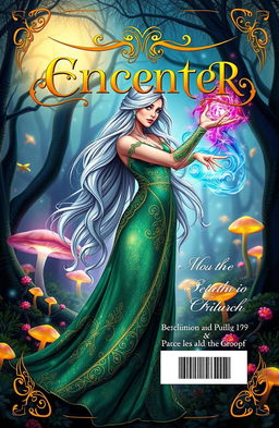 A stylish and elegant book cover design featuring a mystical enchantress with long flowing silver hair, dressed in a shimmering emerald green gown adorned with intricate golden patterns