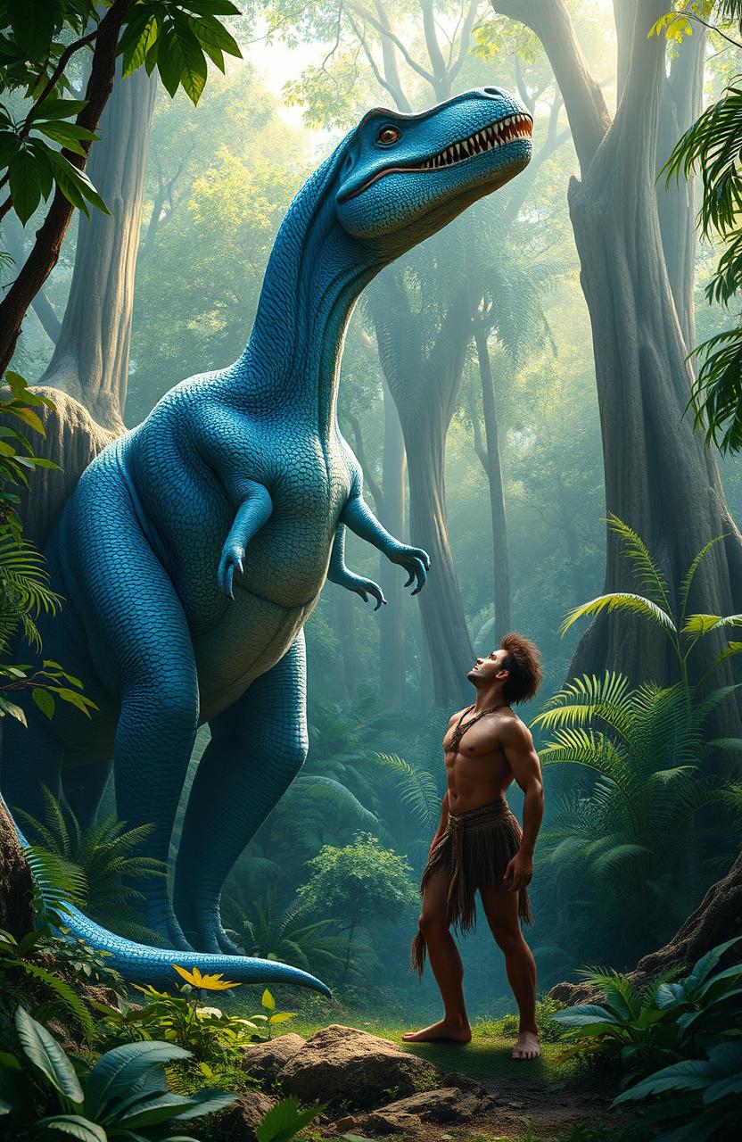 A vivid scene featuring a blue dinosaur, towering and majestic, standing in a lush prehistoric jungle