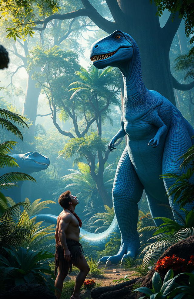 A vivid scene featuring a blue dinosaur, towering and majestic, standing in a lush prehistoric jungle