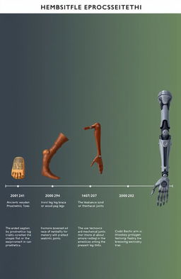 A visually striking timeline illustration showcasing the evolution of medical prosthetics from ancient to modern times