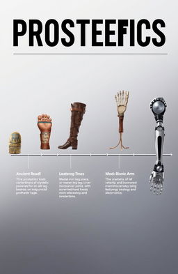A visually striking timeline illustration showcasing the evolution of medical prosthetics from ancient to modern times