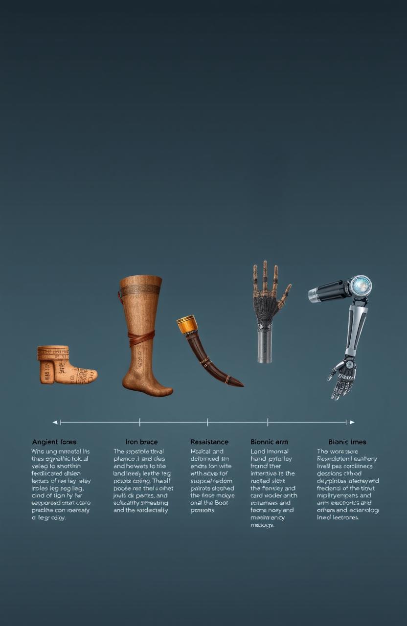 A visually striking timeline illustration showcasing the evolution of medical prosthetics from ancient to modern times