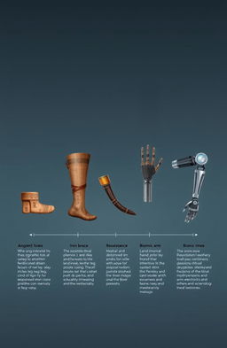 A visually striking timeline illustration showcasing the evolution of medical prosthetics from ancient to modern times