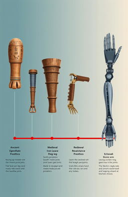 A visually striking timeline illustration showcasing the evolution of medical prosthetics from ancient to modern times