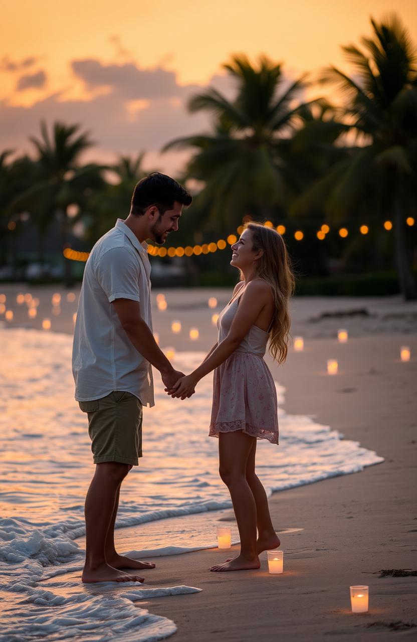 A romantic scene featuring a couple holding hands at sunset on a beautiful beach