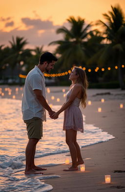 A romantic scene featuring a couple holding hands at sunset on a beautiful beach