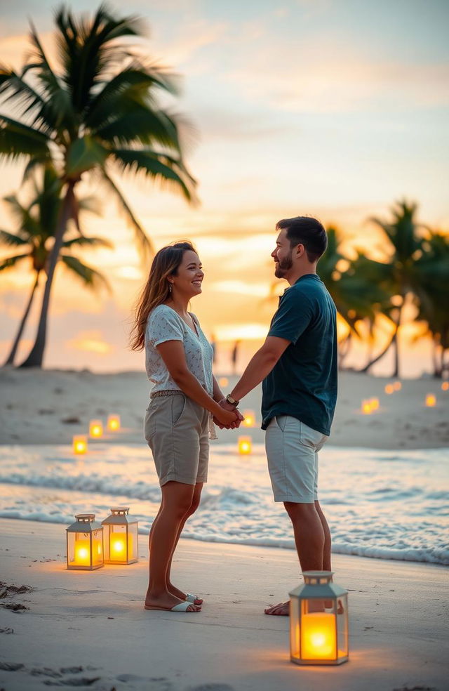 A romantic scene featuring a couple holding hands at sunset on a beautiful beach