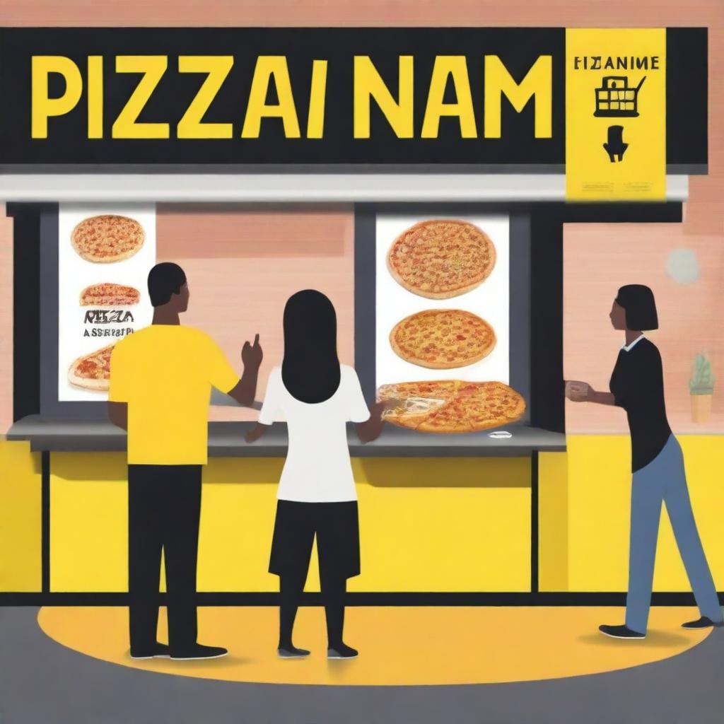 A digital art image of a supermarket tasting booth offering 'NoName' brand pizza slices