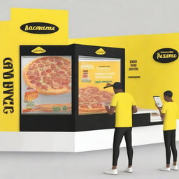 A digital art image of a supermarket tasting booth offering 'NoName' brand pizza slices