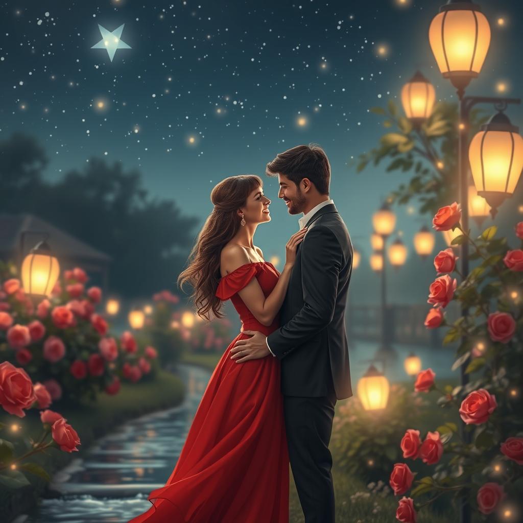 A romantic scene depicting a beautiful couple sharing a tender moment under a starlit sky, surrounded by soft glowing lanterns