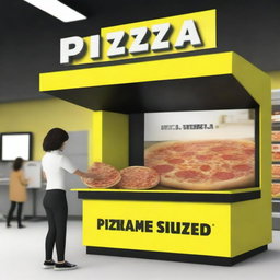 A digital art image of a supermarket tasting booth offering 'NoName' brand pizza slices