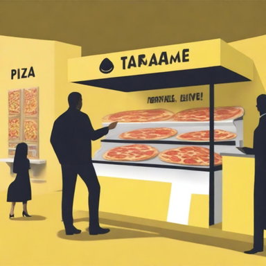 A digital art image of a supermarket tasting booth offering 'NoName' brand pizza slices