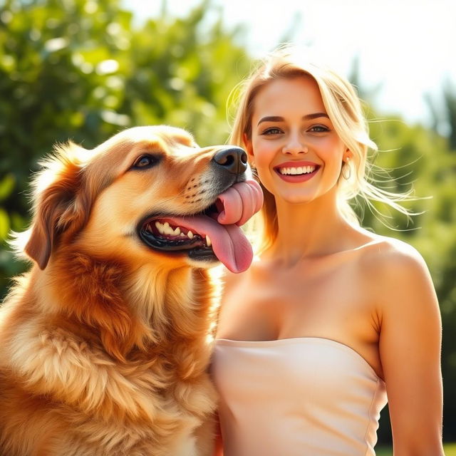 A large dog playfully giving a long tongue lick to a beautiful woman who is wearing a barely noticeable outfit, showcasing her graceful pose and radiant smile