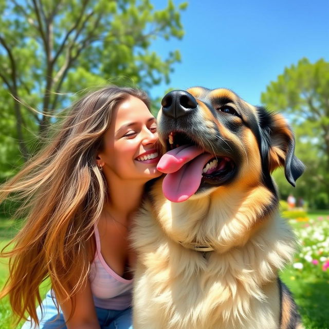 A playful and cute scene featuring a beautiful woman with long flowing hair, enjoying a sunny day outdoors