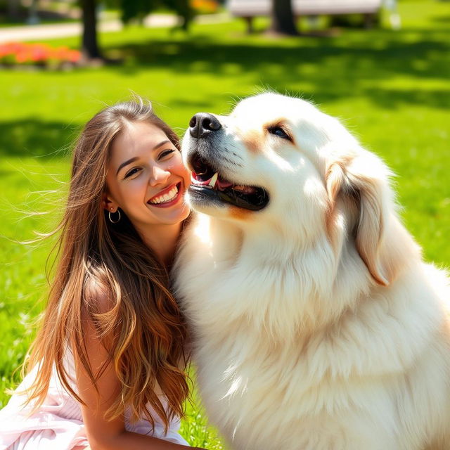 A beautiful woman with long flowing hair and a radiant smile, playfully interacting with a giant dog