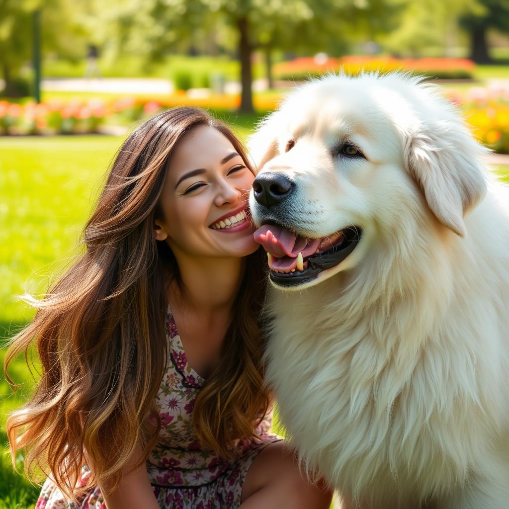 A beautiful woman with long flowing hair and a radiant smile, playfully interacting with a giant dog