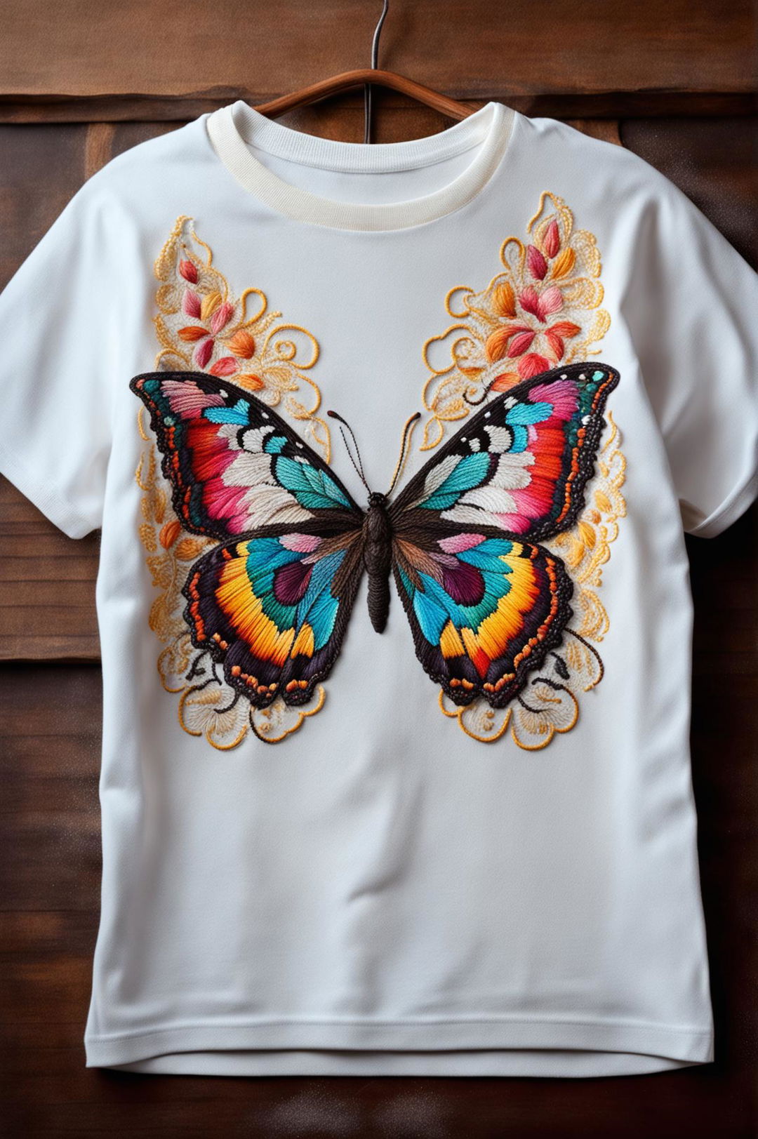 A 32k HD photograph of a t-shirt featuring a vibrant, intricately stitched butterfly embroidery