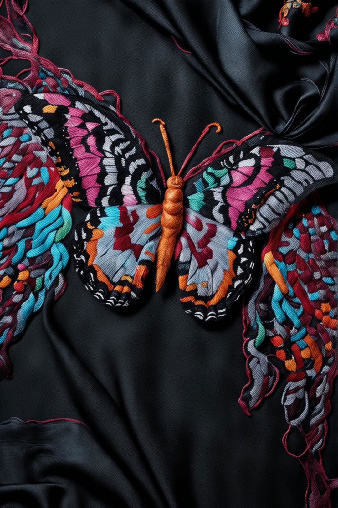 A 32k HD photograph showcasing a luxurious silk scarf adorned with a vibrant, intricately embroidered butterfly