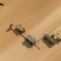 drone hot of 2 armored vehicles on a one-lane freeway followed by 10 combatants in military fatigue, armed with assault rifles, missile launcher and radio