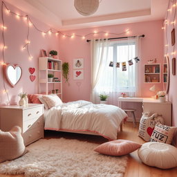 A cozy and romantic teenage girl's bedroom, featuring soft pastel colors, fairy lights on the walls, a comfortable twin bed with fluffy white and pink bedding, a bookshelf filled with novels and plants, a cute vanity table with a mirror, and a window with sheer curtains letting in soft sunlight
