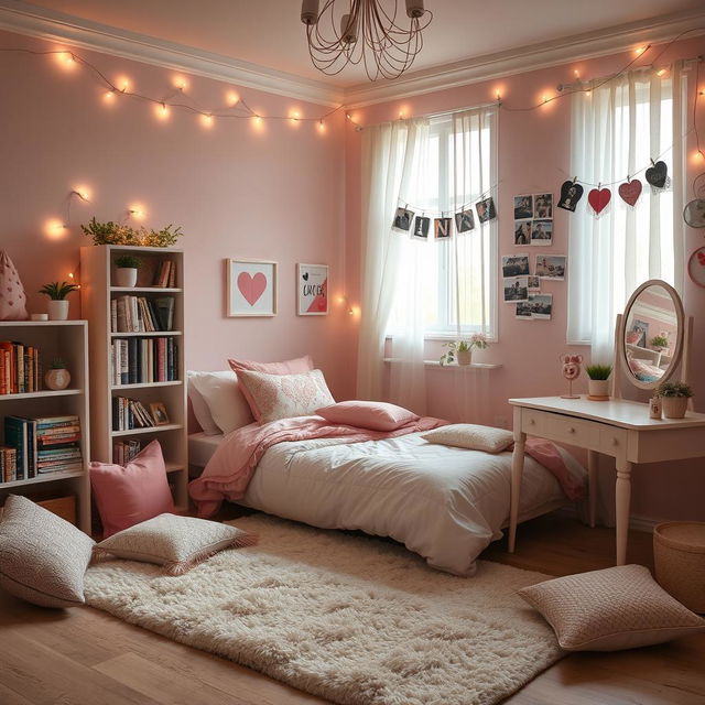 A cozy and romantic teenage girl's bedroom, featuring soft pastel colors, fairy lights on the walls, a comfortable twin bed with fluffy white and pink bedding, a bookshelf filled with novels and plants, a cute vanity table with a mirror, and a window with sheer curtains letting in soft sunlight