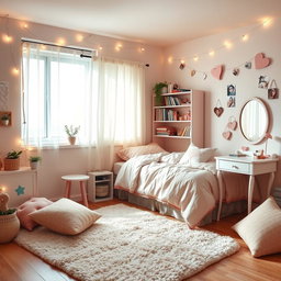 A cozy and romantic teenage girl's bedroom, featuring soft pastel colors, fairy lights on the walls, a comfortable twin bed with fluffy white and pink bedding, a bookshelf filled with novels and plants, a cute vanity table with a mirror, and a window with sheer curtains letting in soft sunlight