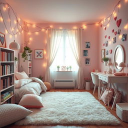 A cozy and romantic teenage girl's bedroom, featuring soft pastel colors, fairy lights on the walls, a comfortable twin bed with fluffy white and pink bedding, a bookshelf filled with novels and plants, a cute vanity table with a mirror, and a window with sheer curtains letting in soft sunlight