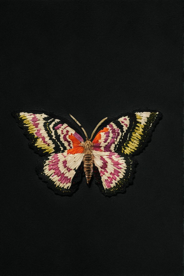 A 32k HD photograph of a piece of fabric adorned with a vibrant, intricately stitched butterfly embroidery