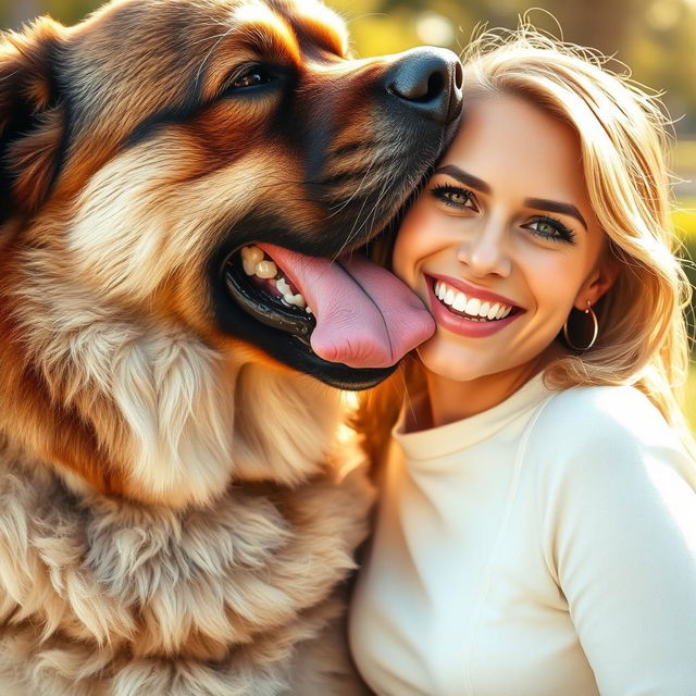 A giant dog playfully licking the cheeks of a beautiful woman, with the dog's tongue covering her entire face, leaving a shiny trail of saliva