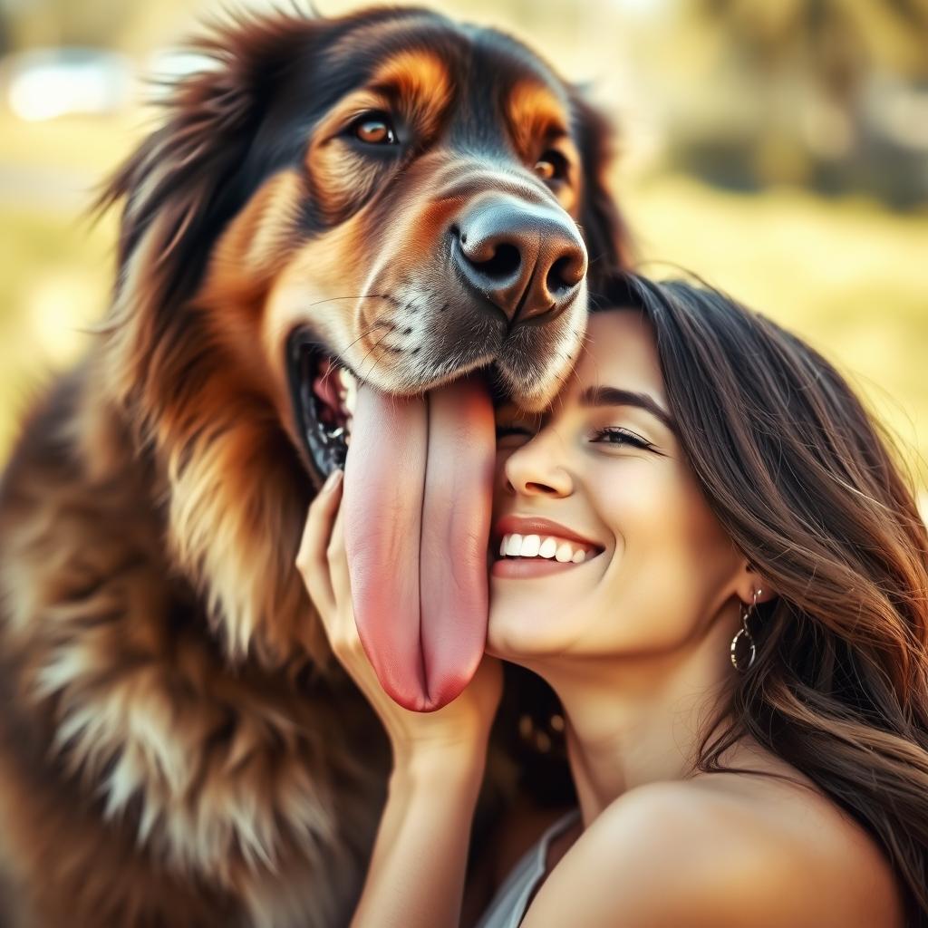 A giant dog playfully licking the cheeks of a beautiful woman, with the dog's tongue covering her entire face, leaving a shiny trail of saliva