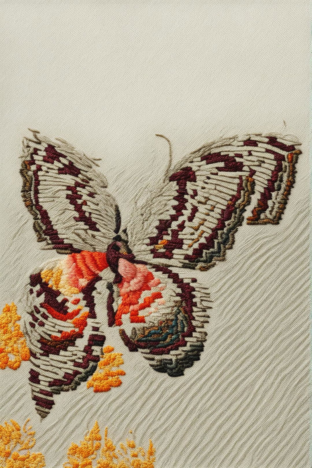 A 32k HD photograph showcasing a vibrant, intricately stitched butterfly embroidery