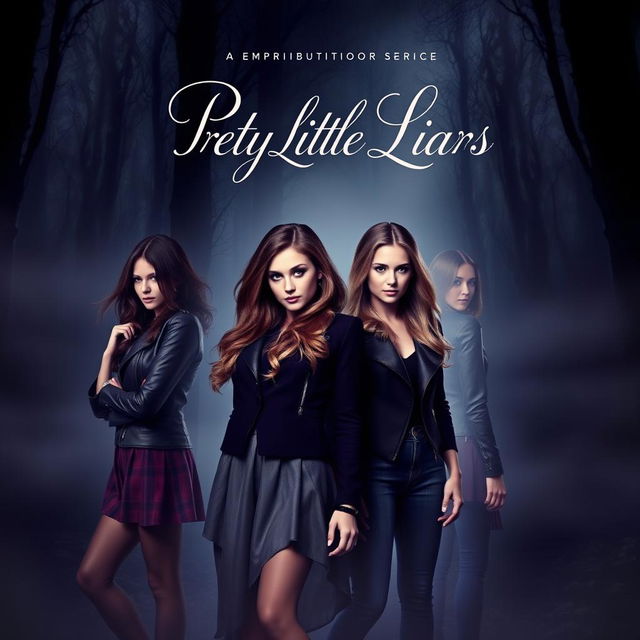 A book cover design for the series 'Pretty Little Liars', featuring four stylish teenage girls, each displaying a distinct fashion sense that reflects their personalities