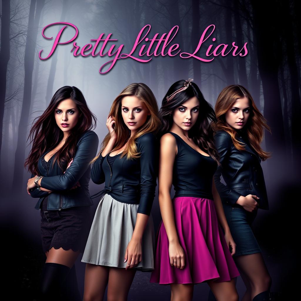 A book cover design for the series 'Pretty Little Liars', featuring four stylish teenage girls, each displaying a distinct fashion sense that reflects their personalities