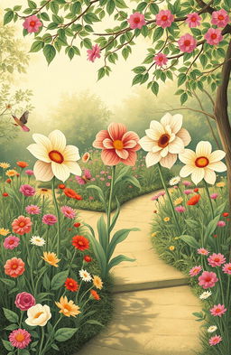 A vintage-inspired illustration of a picturesque garden scene featuring five distinct blossoms, each one uniquely representing one of the suitors