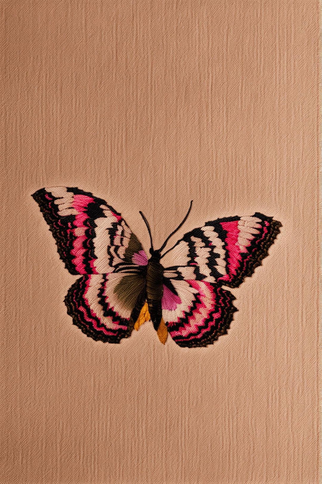 A 32k HD photograph of a simple, textured fabric adorned with a vibrant, intricately stitched butterfly embroidery