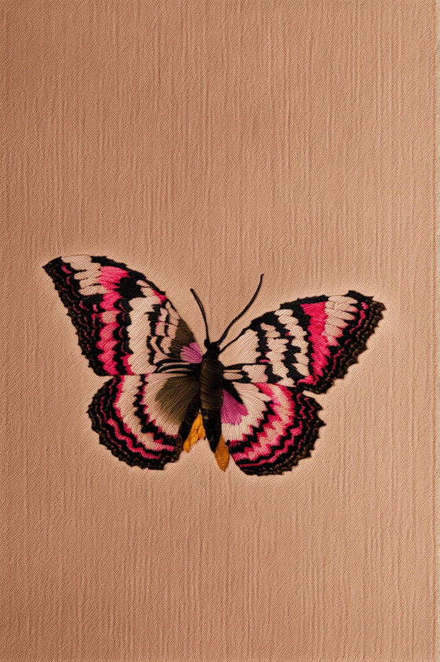 A 32k HD photograph of a simple, textured fabric adorned with a vibrant, intricately stitched butterfly embroidery