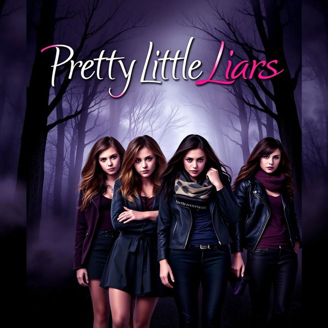 A book cover design for the series 'Pretty Little Liars', showcasing four stylish teenage girls, each embodying unique fashion trends indicative of their personalities