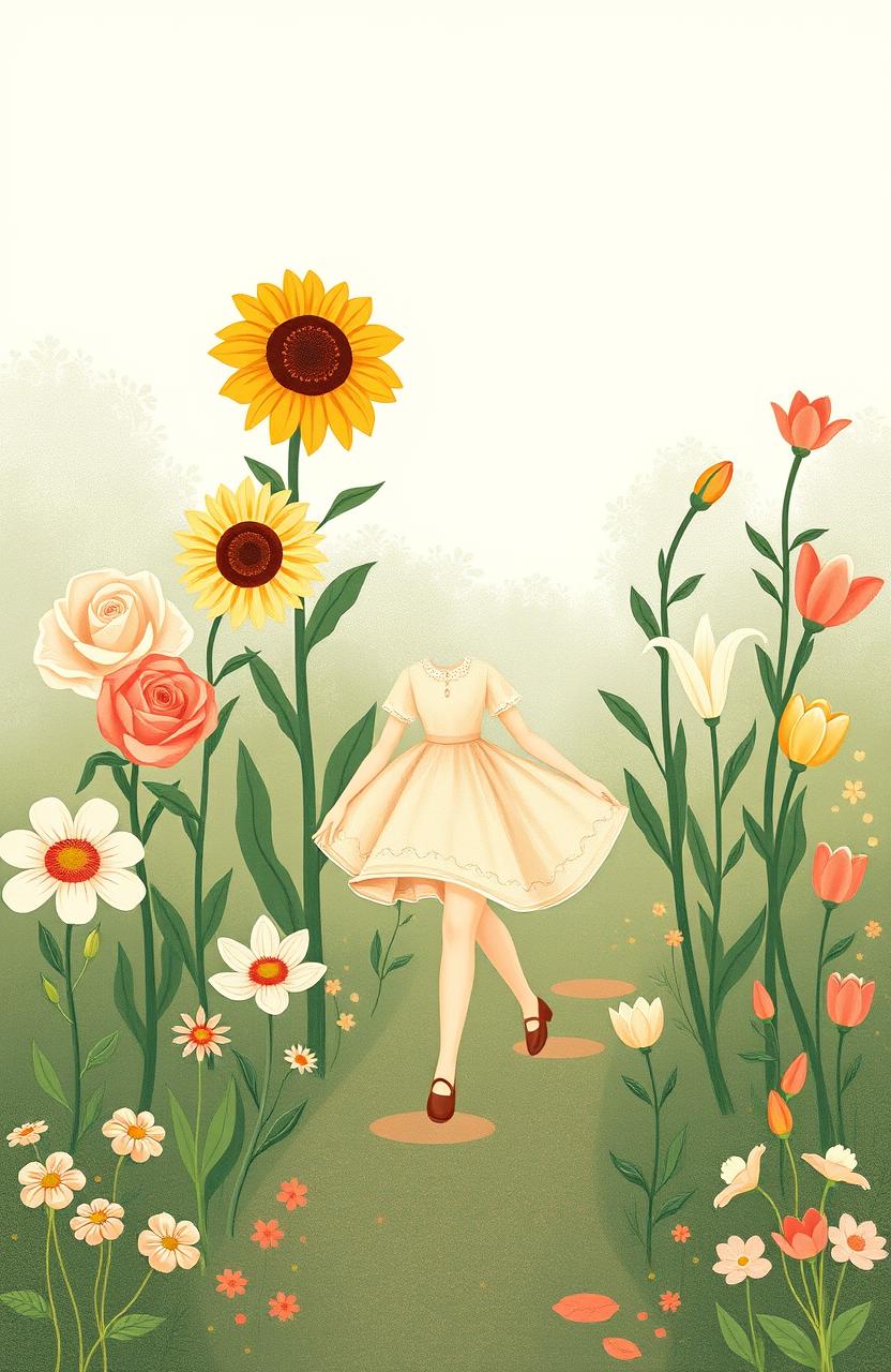 A vintage-inspired illustration of a charming garden filled with five distinct flowers, each uniquely styled to represent a different suitor, alongside a girl walking gracefully through the garden