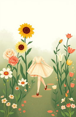 A vintage-inspired illustration of a charming garden filled with five distinct flowers, each uniquely styled to represent a different suitor, alongside a girl walking gracefully through the garden