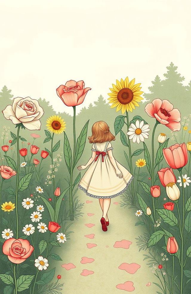 A vintage-inspired illustration of a charming garden filled with five distinct flowers, each uniquely styled to represent a different suitor, alongside a girl walking gracefully through the garden