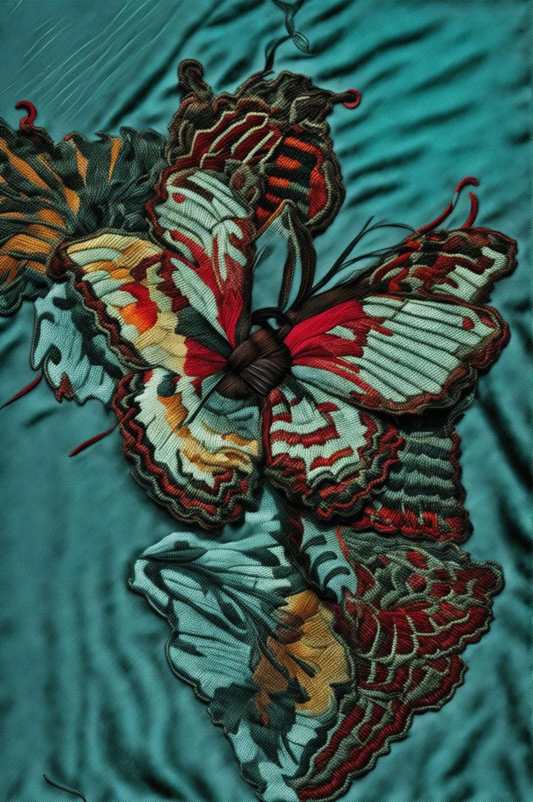 A 32k HD photograph of a piece of silk adorned with a vibrant, intricately stitched butterfly embroidery