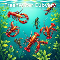 A beautiful book cover design focused on freshwater lobster cultivation, featuring several colorful freshwater lobsters in a fresh and natural color palette