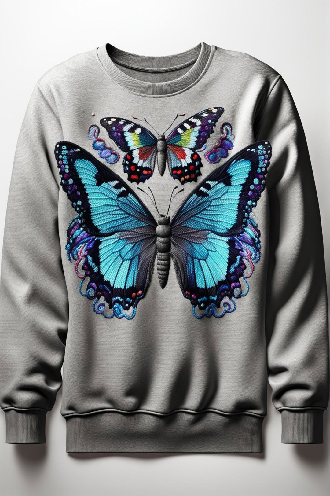 A high-quality digital rendering of a grey sweatshirt with a detailed, iridescent butterfly embroidery on the left chest