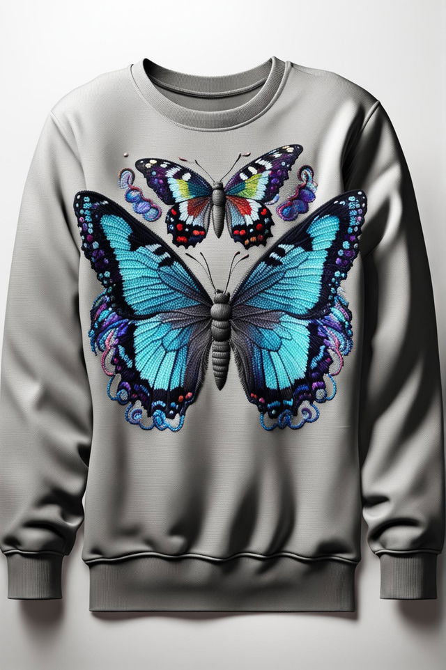 A high-quality digital rendering of a grey sweatshirt with a detailed, iridescent butterfly embroidery on the left chest