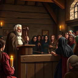 A historic witch trial courtroom scene, featuring a judge in traditional robes presiding over the court, with an intense expression and an old-fashioned gavel raised